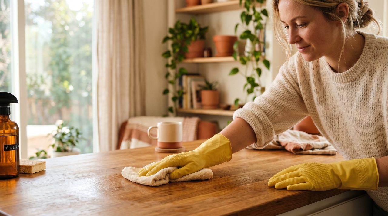 Main gantée essuyant une table en bois dans un intérieur chaleureux