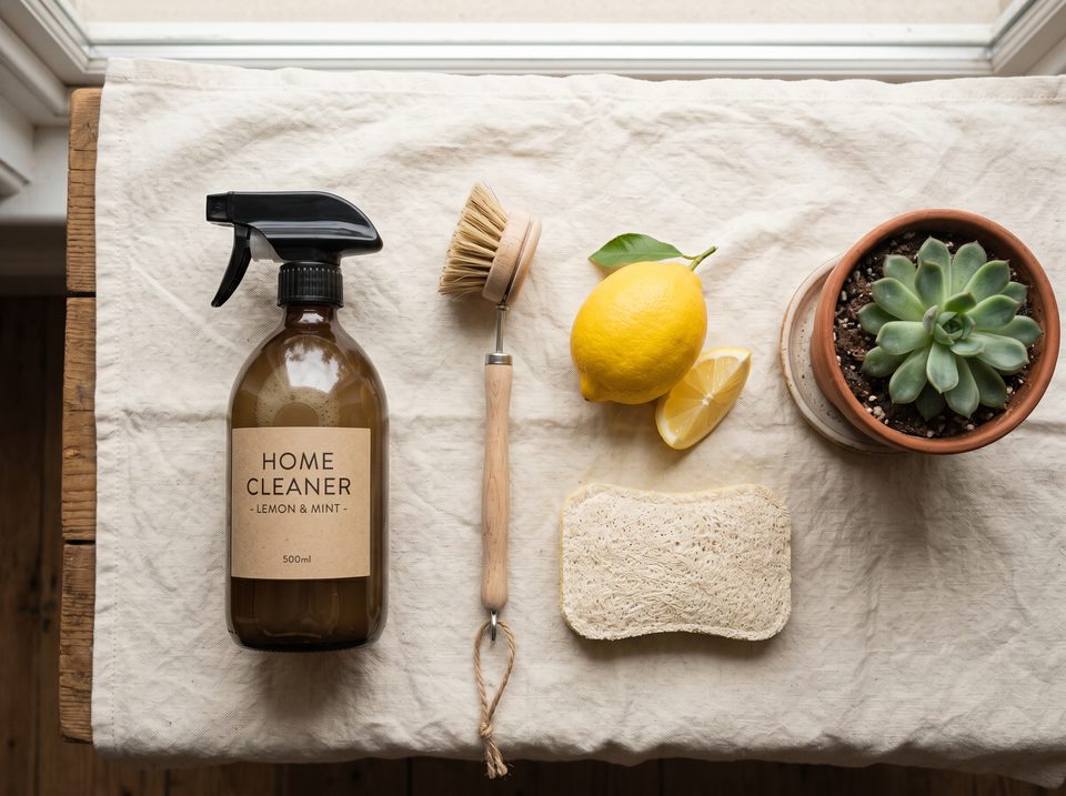 Produits de nettoyage naturels posés sur un linge de lin
